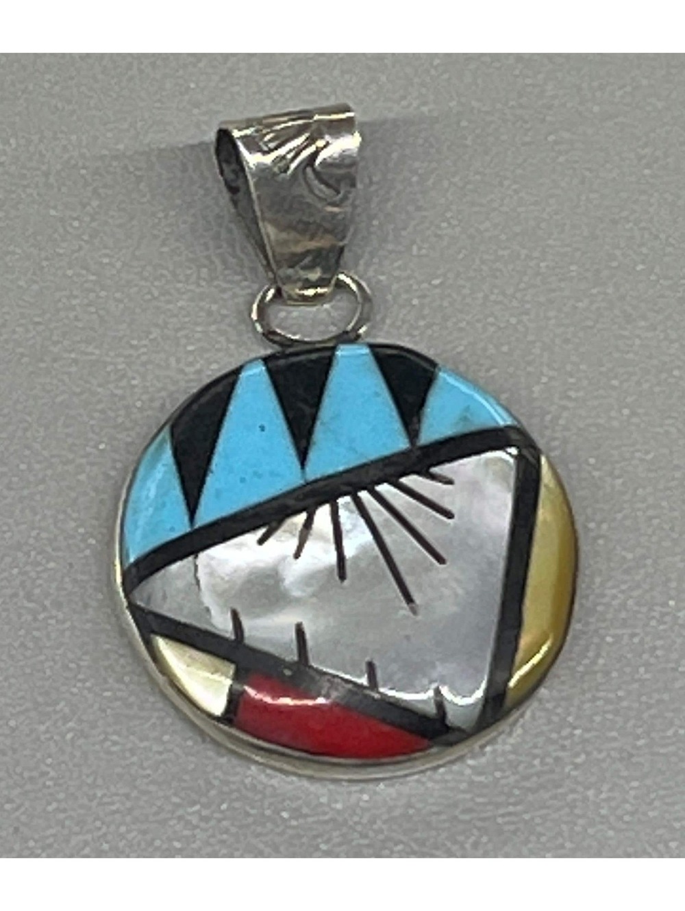 Native American Zuni handmade sterling silver turquoise coral onyx inlay pendant